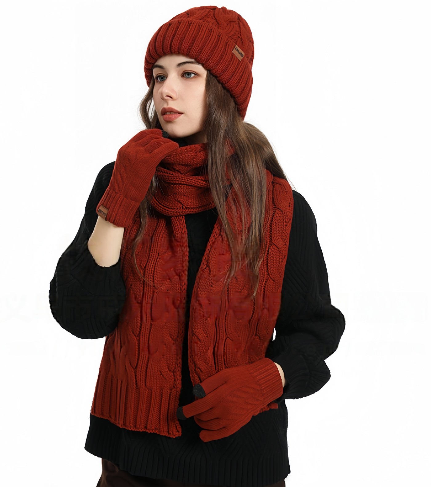 Womens Winter Knit Warm Hat Beanie Long Scarf Touch Screen Gloves Set